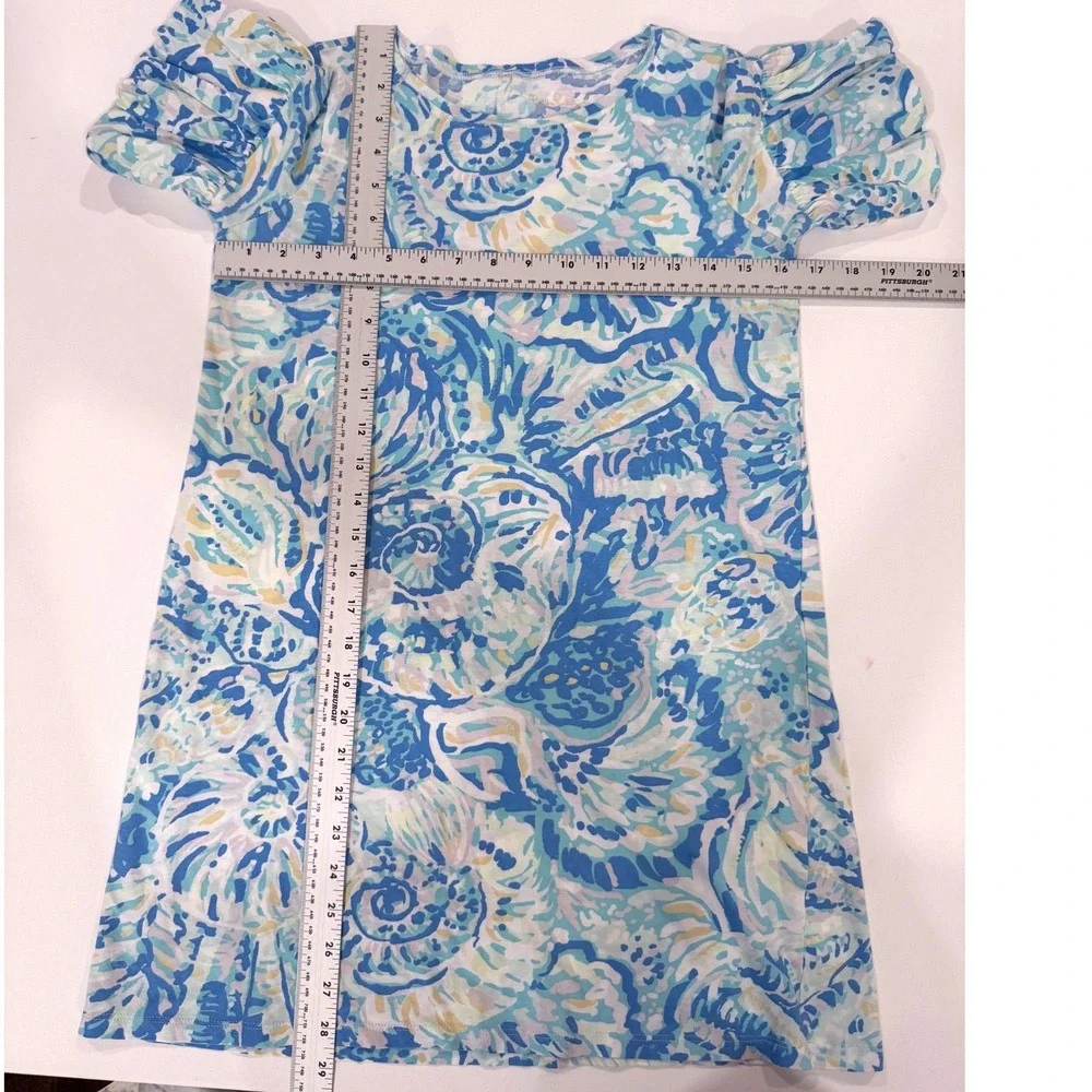 Lilly Pulitzer Dress Kids XL 12-14 Blue White Seashell Print Ruffle Sleeve 29157